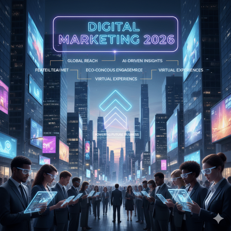 Futuristic city scene showing digital marketing in 2026, with professionals using smart devices, AI-driven insights, global reach, and virtual experiences shaping future business growth.