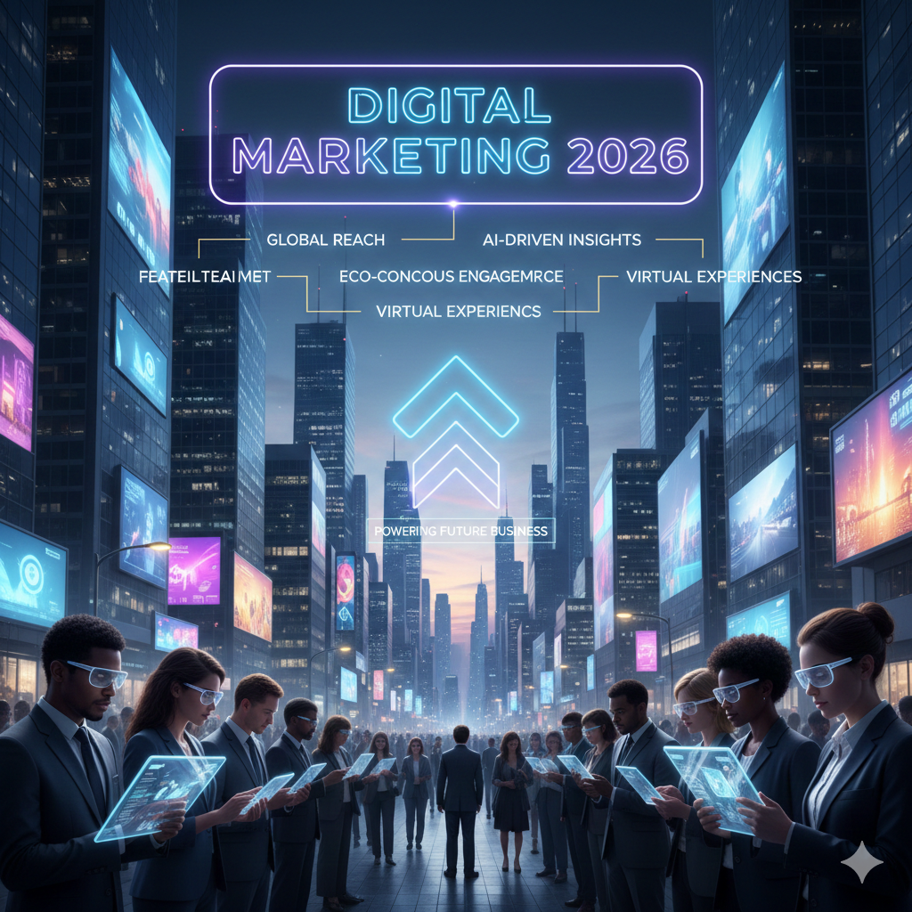 Futuristic city scene showing digital marketing in 2026, with professionals using smart devices, AI-driven insights, global reach, and virtual experiences shaping future business growth.