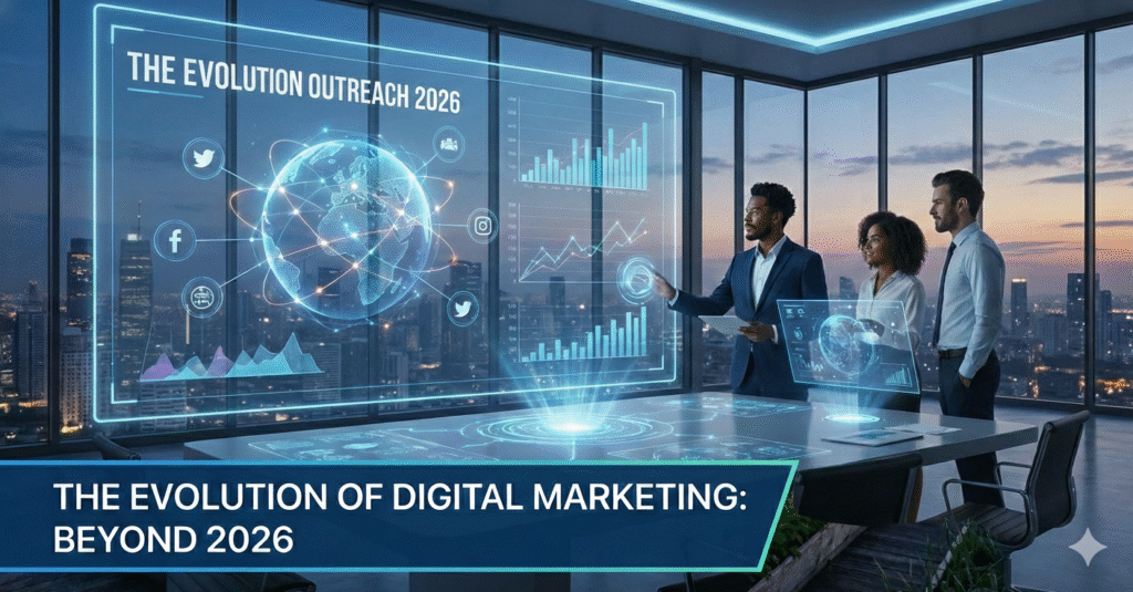 Business professionals analyzing digital marketing evolution in 2026 using AI-powered dashboards, global outreach data, and social media analytics in a modern office setting.